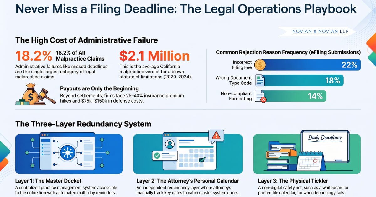Never Miss a Filing Deadline: The Legal Operations Playbook infographic by Novian & Novian LLP