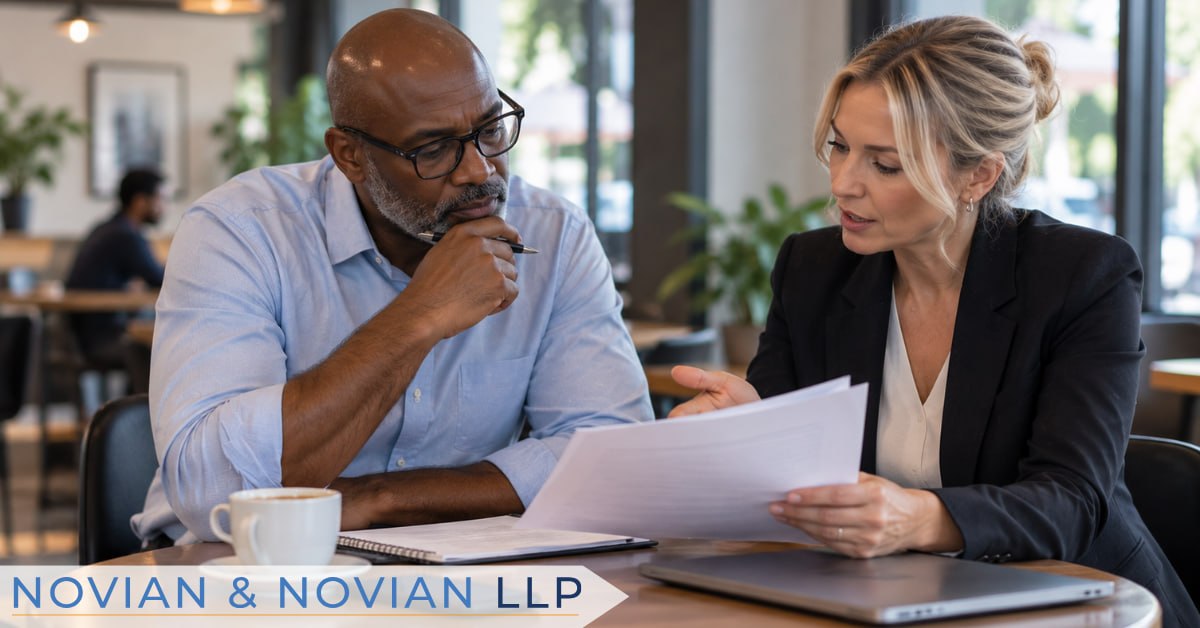 Attorney reviewing workplace classification documents with a client