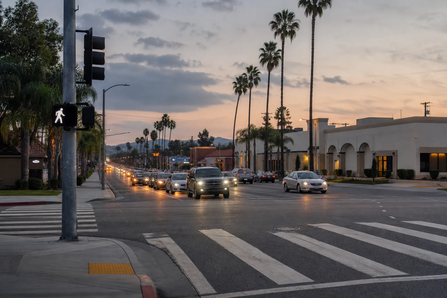A crosswalk on a busy San Gabriel Valley boulevard near Baldwin Park