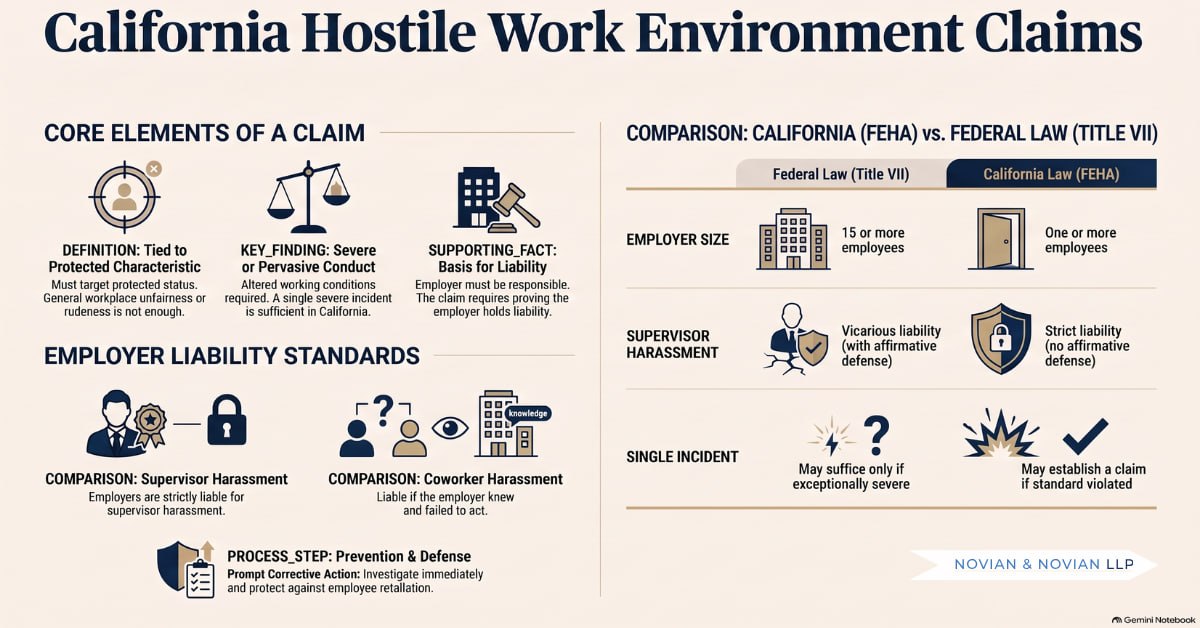California hostile work environment claims infographic comparing FEHA and federal law