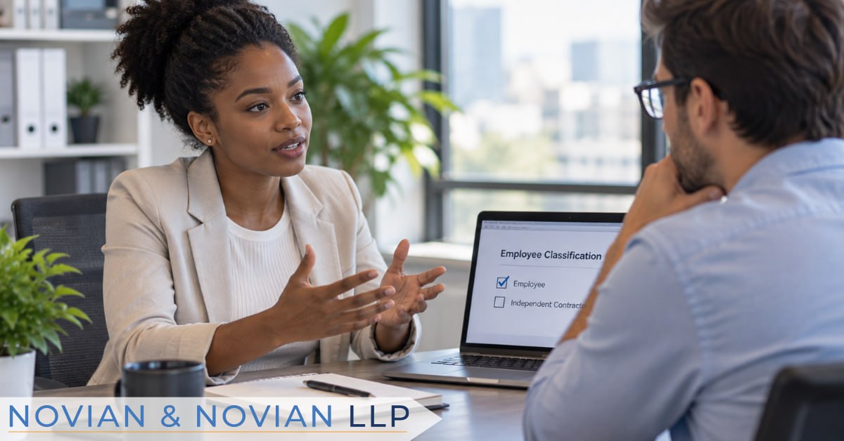 Employment classification consultation with a laptop checklist