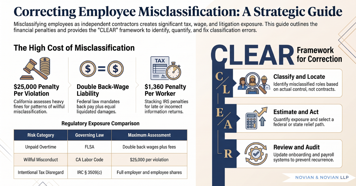 Correcting employee misclassification strategic guide infographic - Novian & Novian LLP