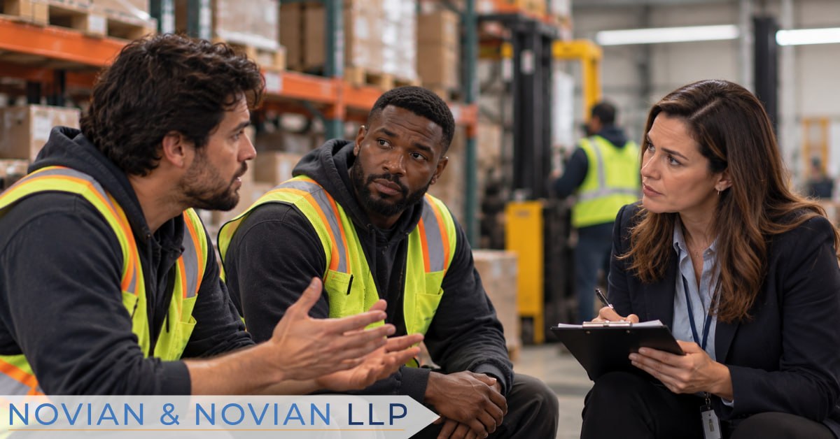 Investigator interviewing warehouse employees during a workplace discrimination investigation - Novian & Novian LLP