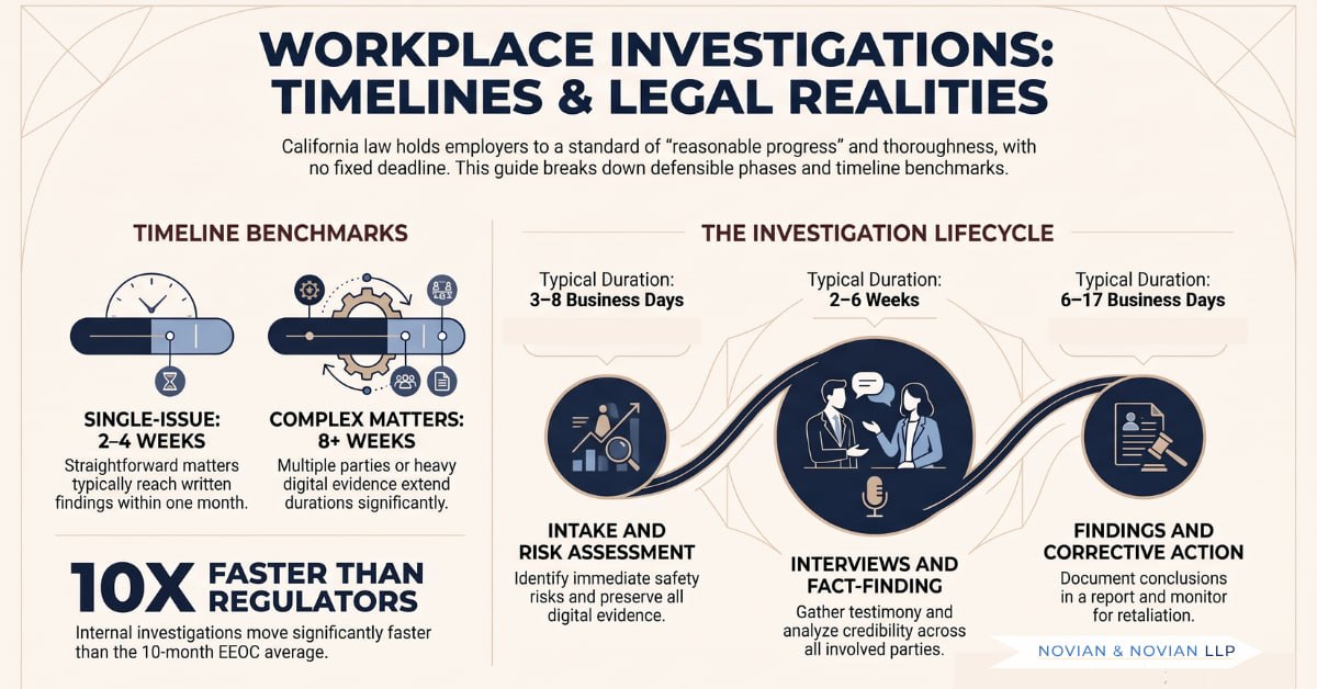 Workplace investigations timelines and legal realities infographic by Novian and Novian LLP